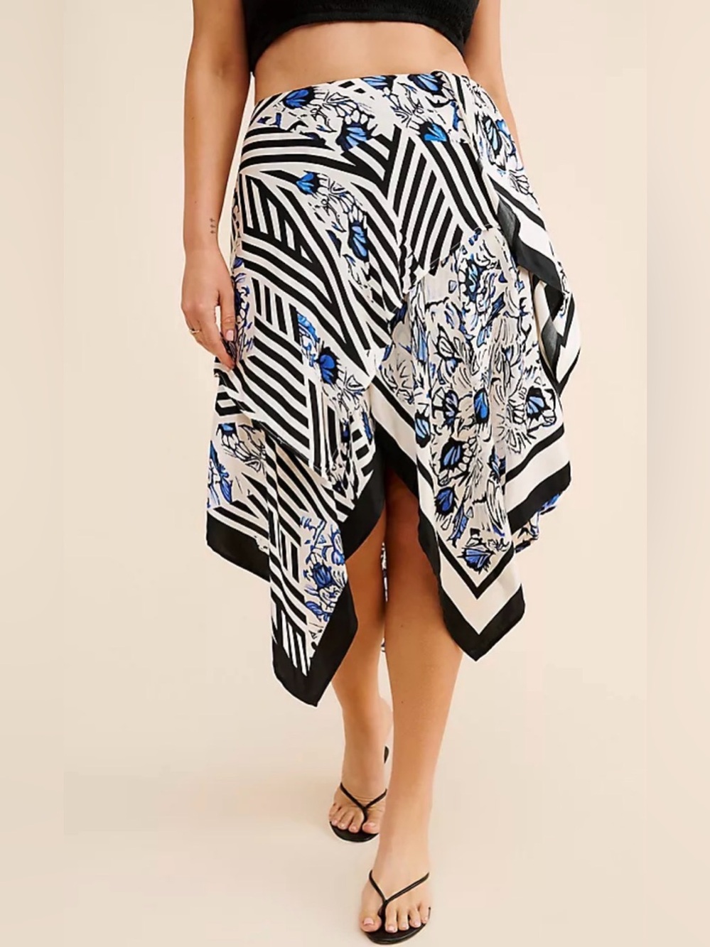 Anthropologie Maeve Asymmetrical Midi Skirt Blue Floral Striped Plus Size 1X - Picture 3 of 12